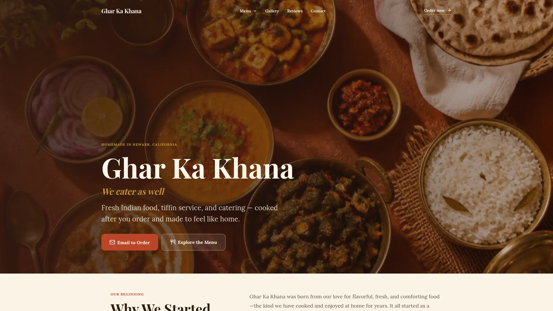 Ghar Ka Khana website homepage showing its homemade Indian food service