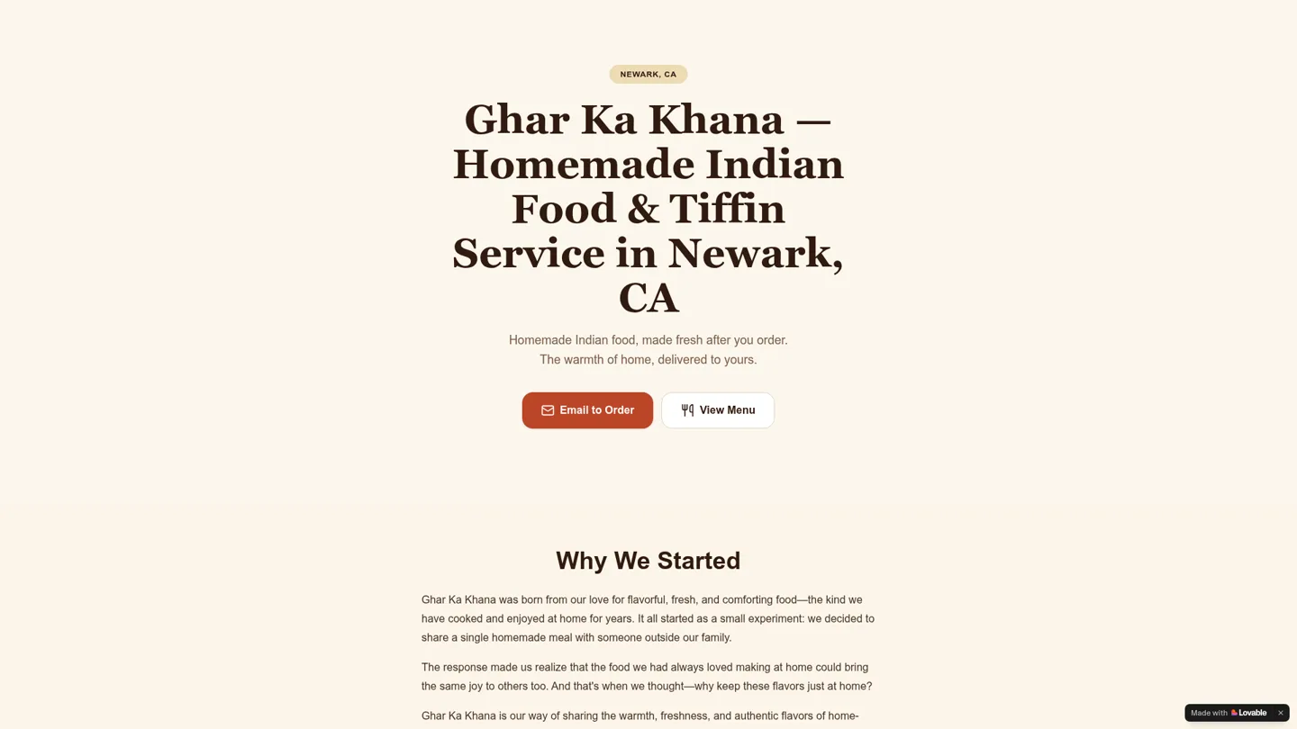 Ghar Ka Khana website homepage showing its homemade Indian food service